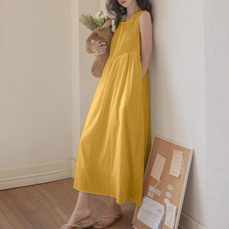 Sleeveless Pleated Long Sundress For Summer Beach Casual