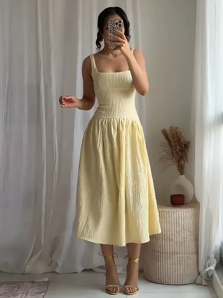 Textured Midi Dress For Women Square Neck Elegant Charm