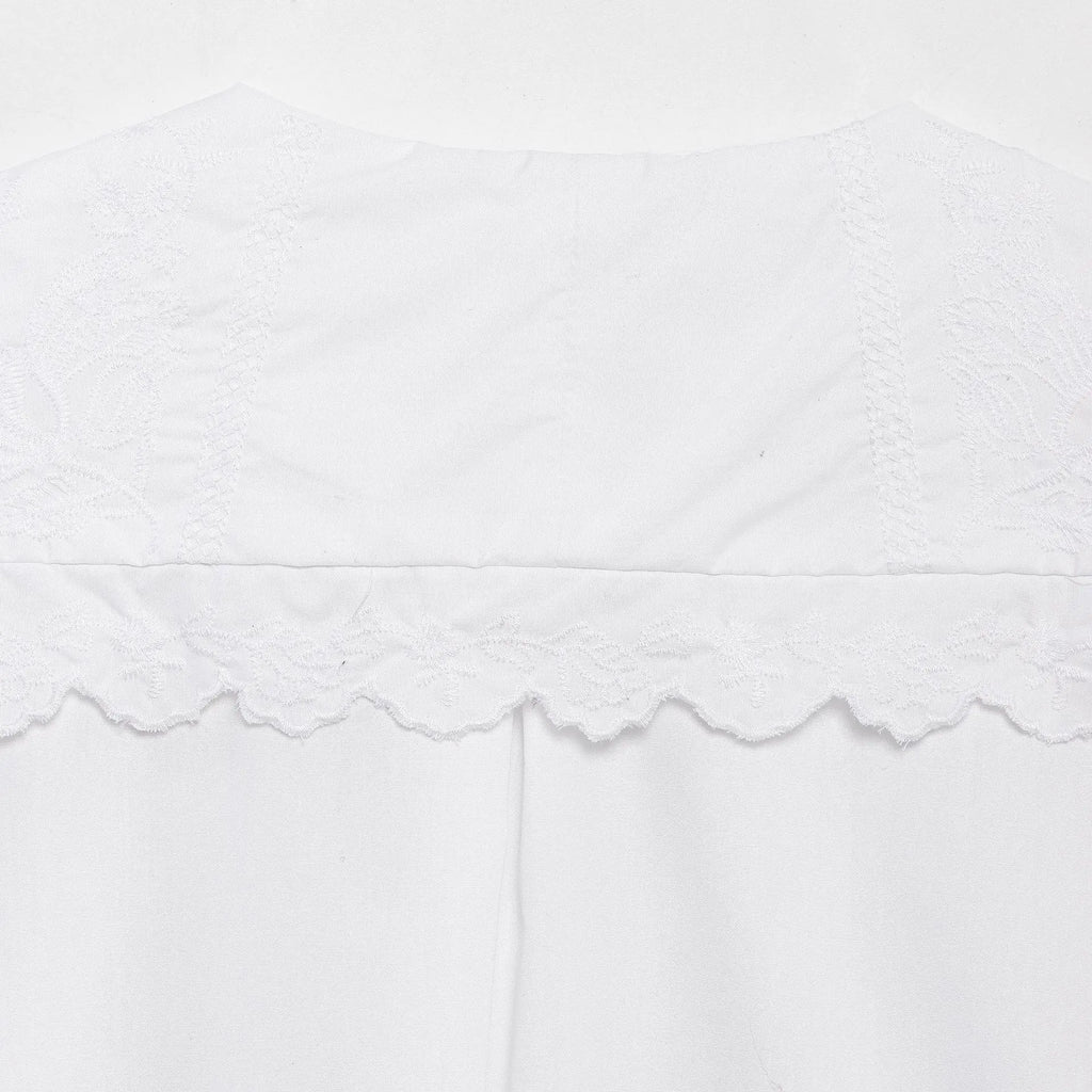 Women's Embroidered Lace-Up Poplin Shirt with Peter Pan Collar Puff Sleeves Loose Hem Casual Chic Top for Spring and Summer