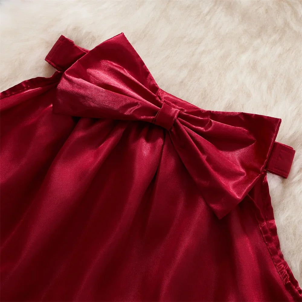 V-Neck Contrast Lace-Up Sheer Ruffle Petal Sleeve Crop Top with Sweet Bow and Red Mini Skirt Set Sexy Women's Sleepwear Pajama