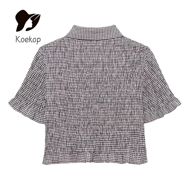 Women's Casual Plaid Short Sleeve Shirt Single Breasted Vintage Chic Button-Up Top