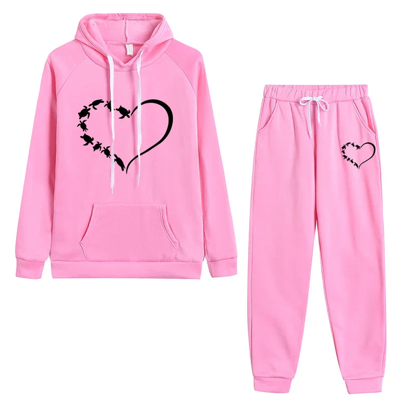Women's Heart Printed Tracksuit Casual Hoodie and Jogging Pants Set for Daily Wear
