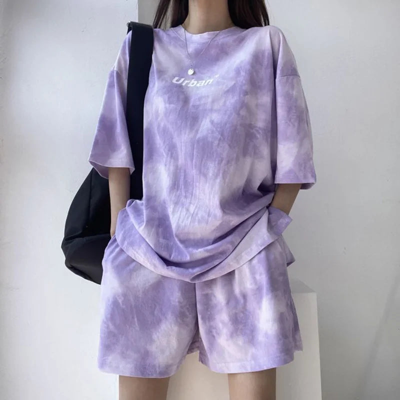 2Piece Women's Tie Dye T-Shirt and Wide Leg Shorts Set Casual Loose Fit Soft Summer Outfit with Pockets