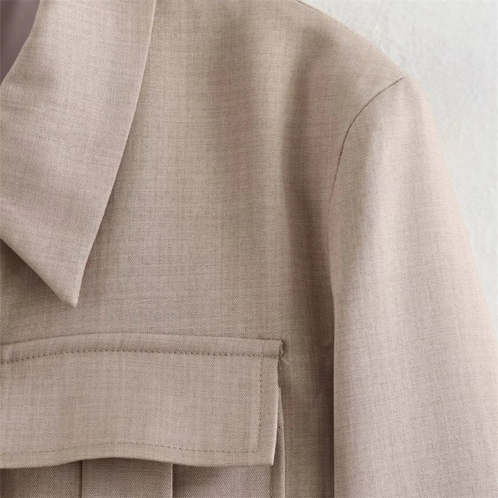 Women's Fashion Casual Double Pocket Coat and High Waist Wide Leg Pants Set