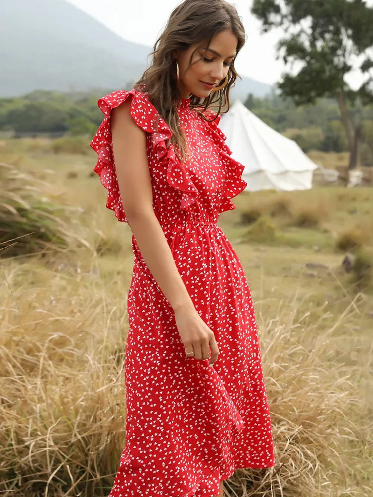 Chiffon Dot Print Butterfly Sleeve Dress With Ruffles