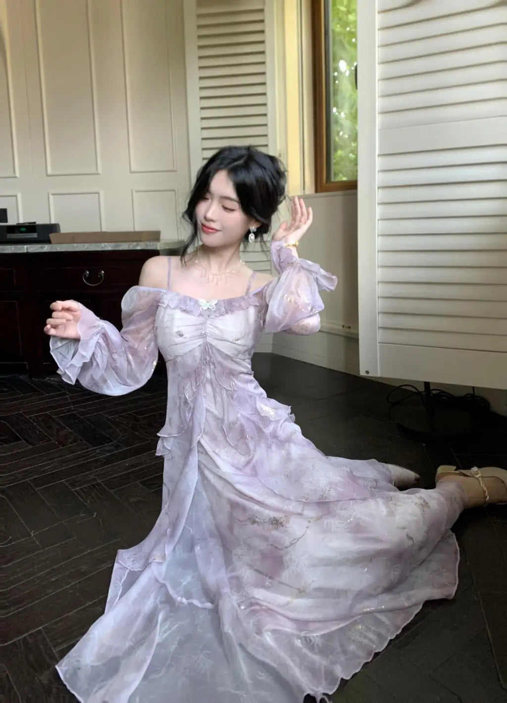 Off Shoulder Dress Ruffle A Line Long French Print