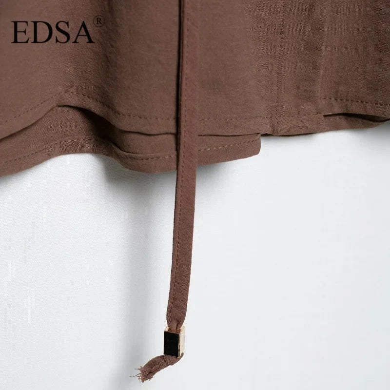 Women Camel Safari Style Flowing Shirt with Drawstring Waist Wide Sleeves and Turn-up Cuffs Casual Blouse for Holiday and Everyday Wear