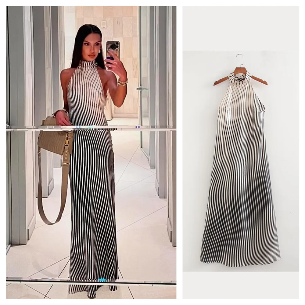 Women Gradient Stripe Dress Hanging Neck Slim Fit Summer