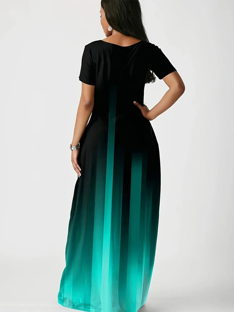 Mint Green Gradient Maxi Dress Side Pocket Short Sleeve