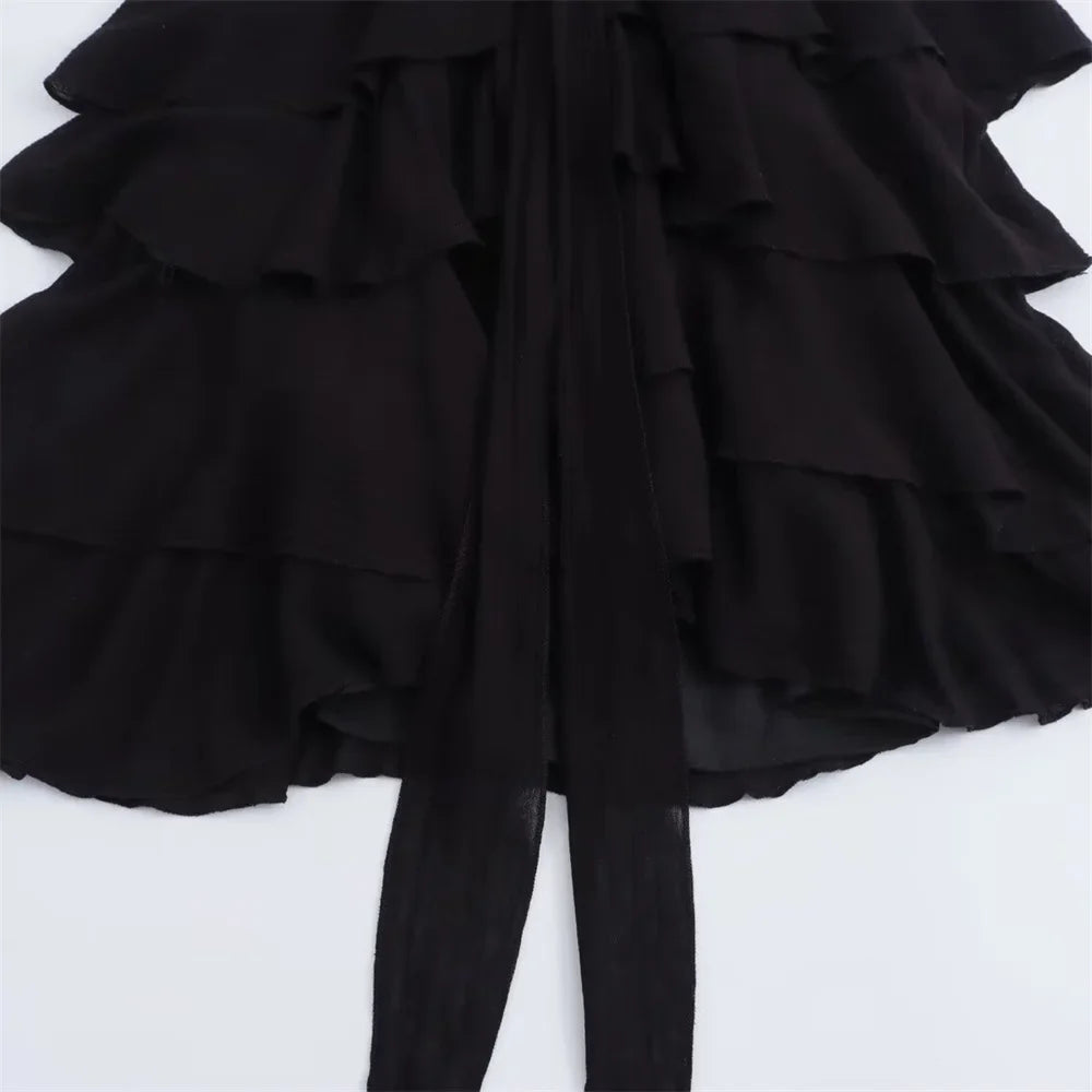 Backless Summer Dress Black Floral Layered V Neckline