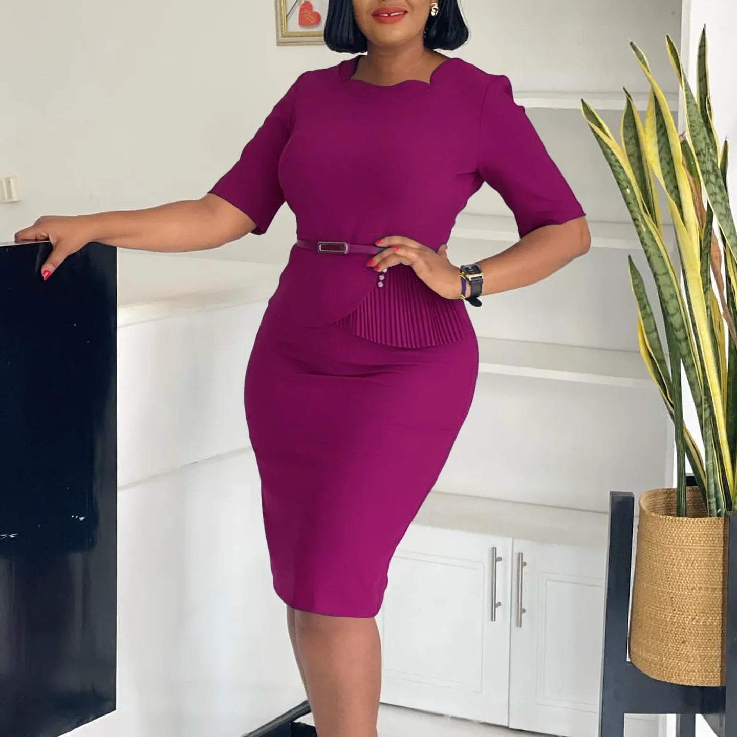 Women Square Neck Bodycon Midi Dress Belted For Work