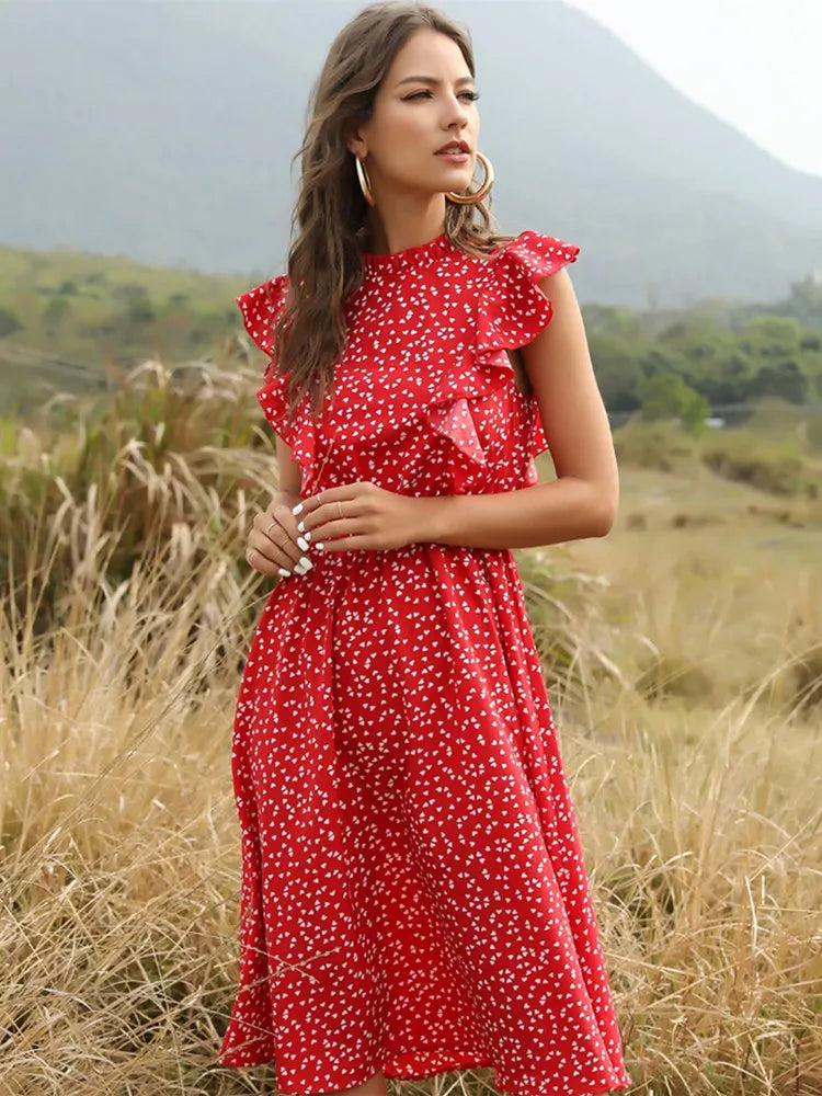 Chiffon Dot Print Butterfly Sleeve Dress With Ruffles