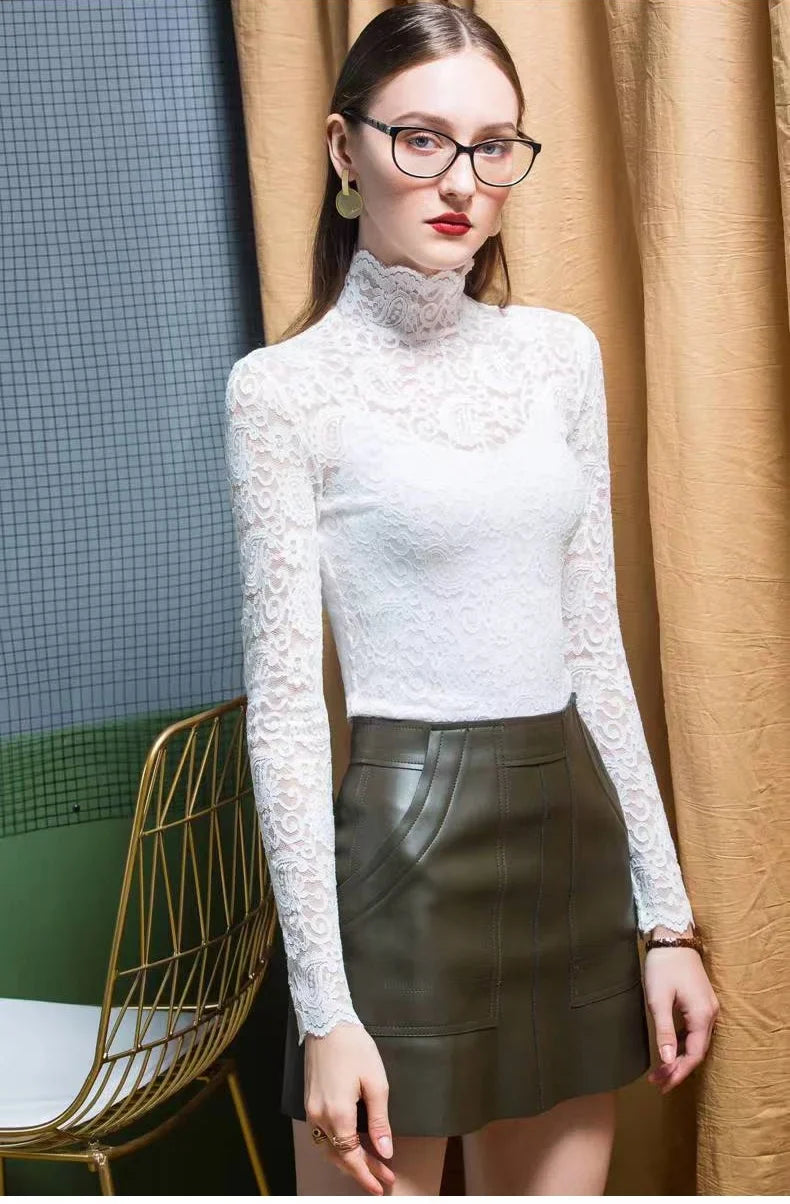 Thick and Thin Fleece Women's Long Sleeve High Neck Lace T-Shirt for Office and Casual Wear