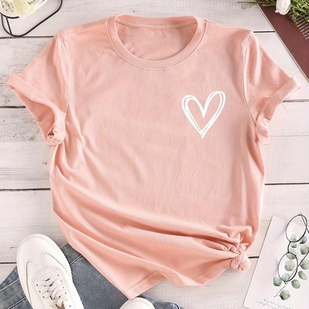 Heart Print Casual T-Shirt for Women, Crew Neck Short Sleeve Everyday Top