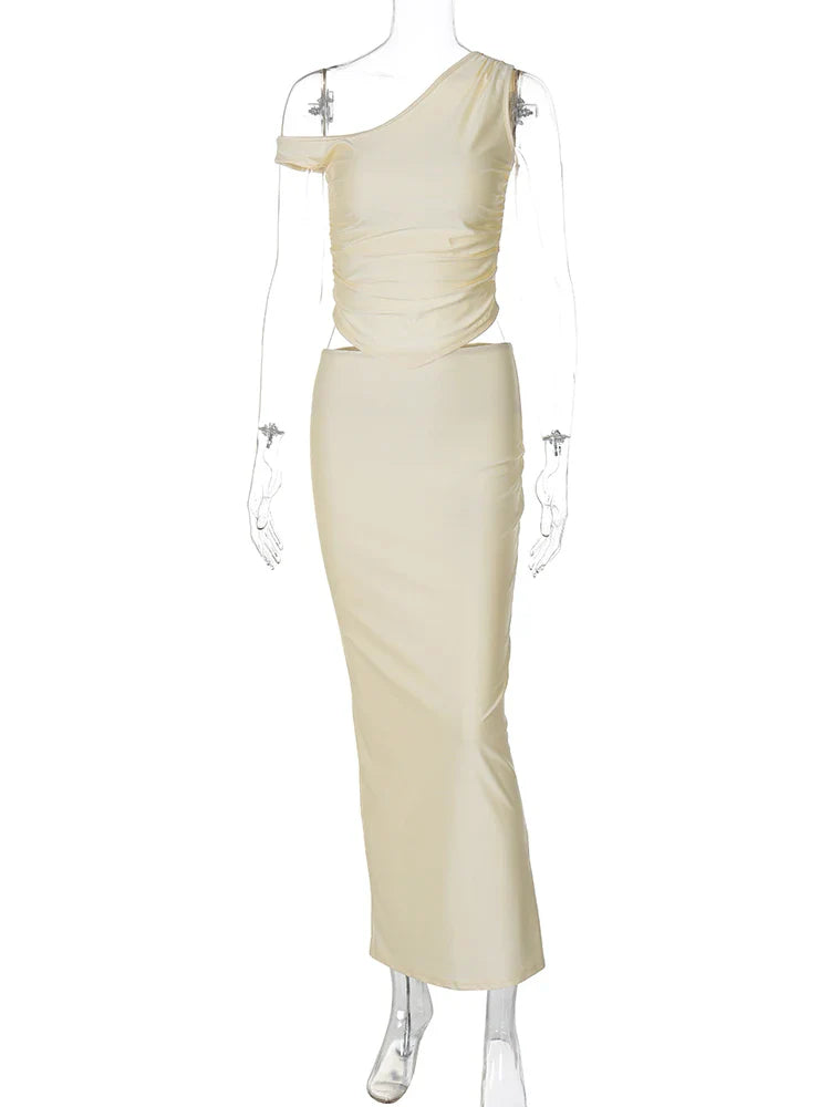 Elegant Summer Two Piece Set Women Solid One Shoulder Crop Tank Top and Maxi Skirt Dress for Birthday Party Festival