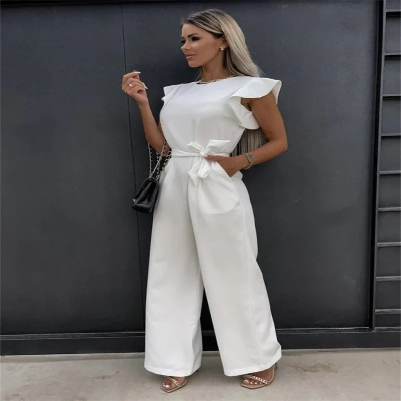 Women's Summer Casual Jumpsuit with Ruffled Straps and Relaxed Fit Pants