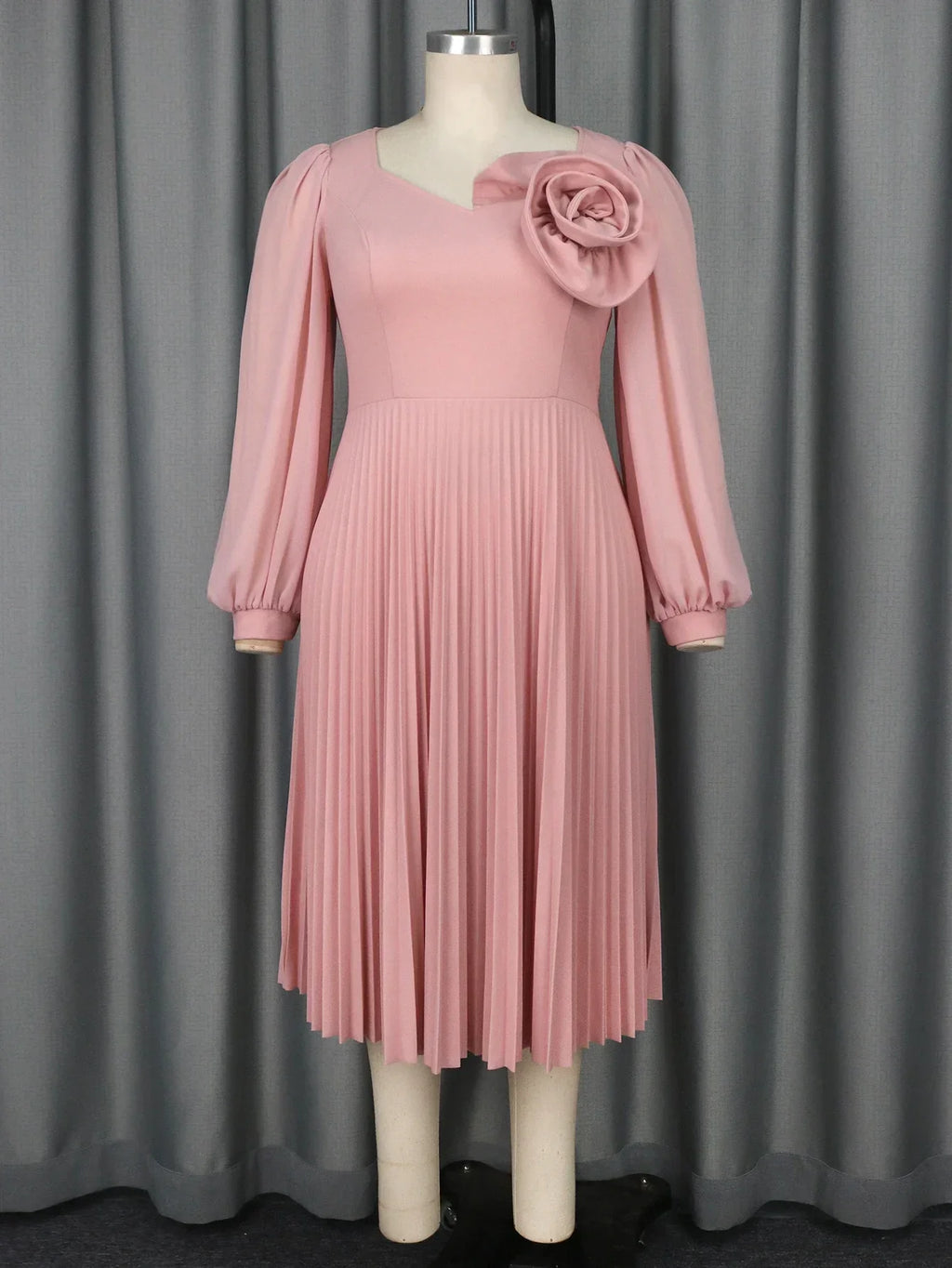 Pink Pleated Church Dress With 3D Rose For Wedding Guest