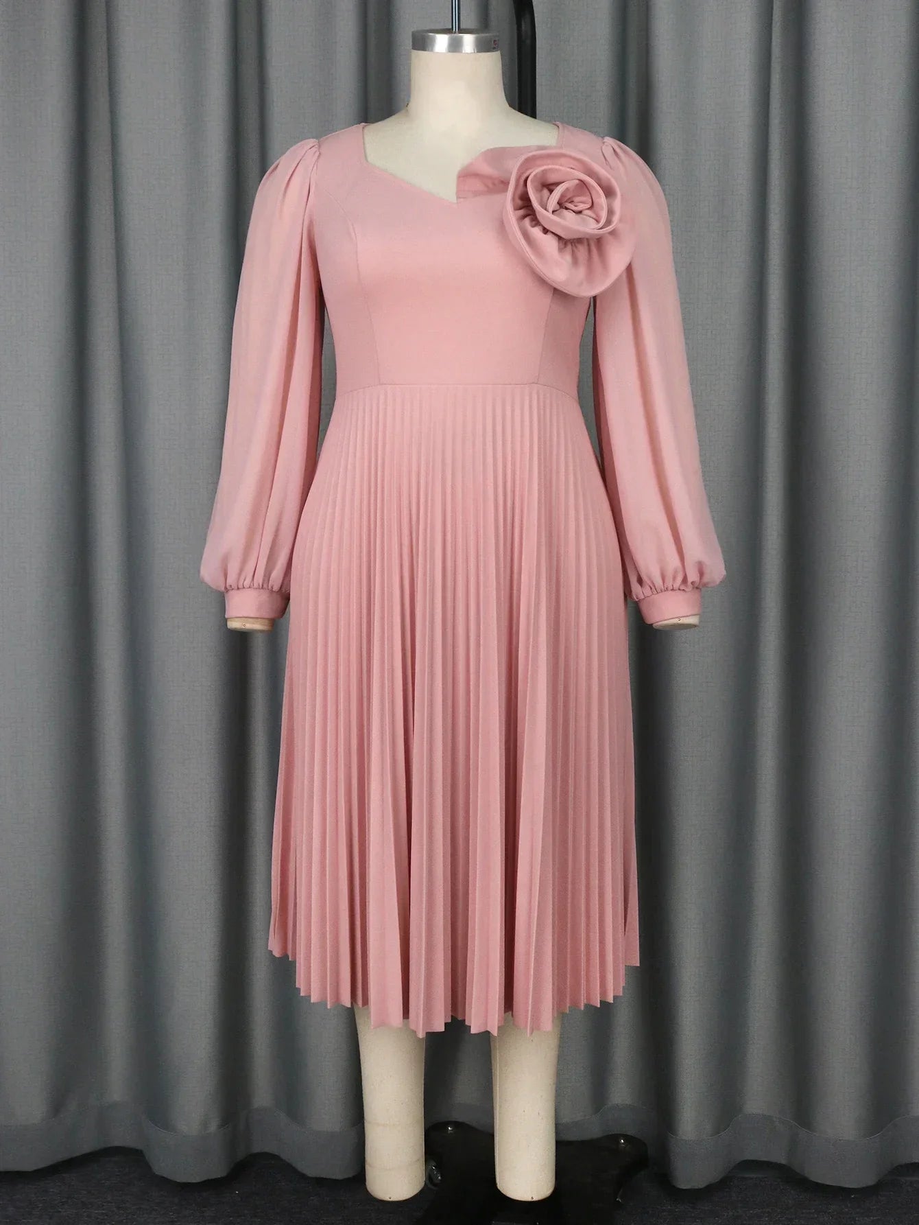 Pink Pleated Church Dress With 3D Rose For Wedding Guest