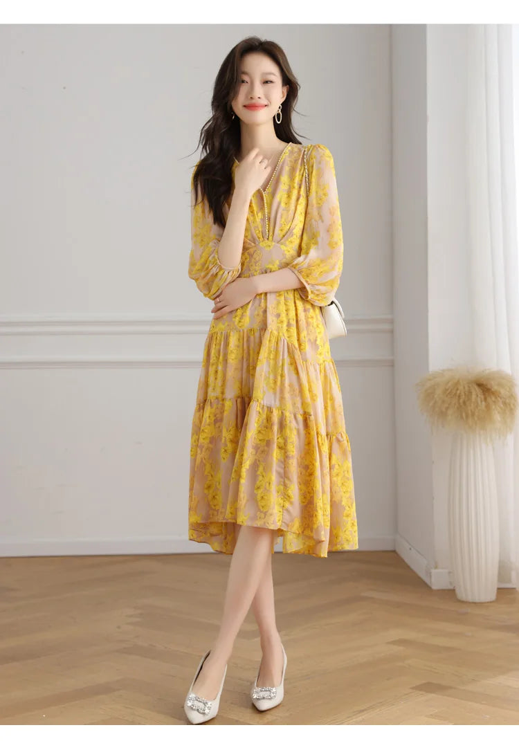 Floral Chiffon Dress For Women V Neck A Line Dress