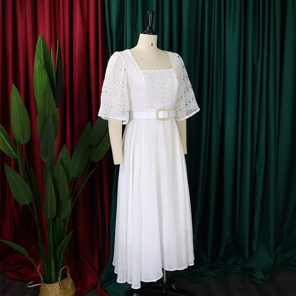 Square Neck Lace Dress Belt A Line Flare Sleeve Mid Calf