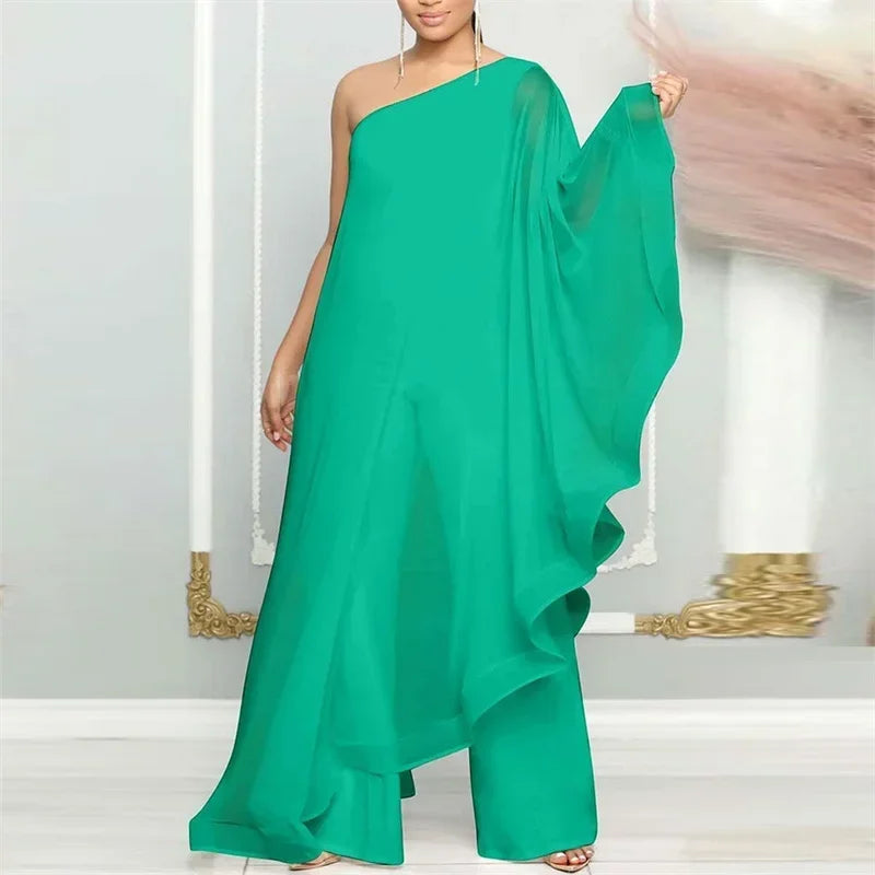 Elegant Chiffon One Shoulder Wide Leg Jumpsuit for Women Evening Party Birthday Romper Overalls Stylish One Piece Combinaison Femme