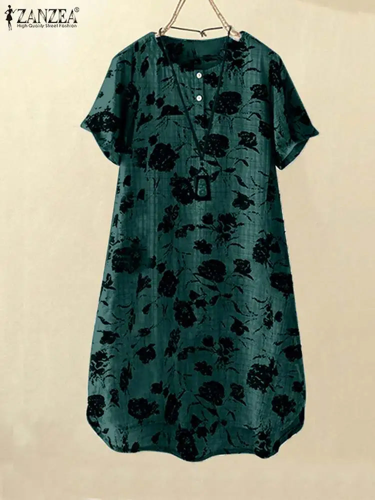 Boho Floral Pocket Sundress With Short Sleeves Casual