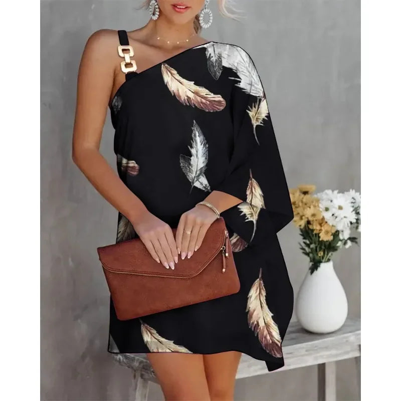 Summer Off Shoulder Dress With Printed Diagonal Neck Bat Sleeve