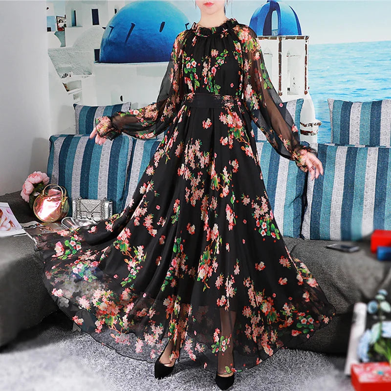 Plus Size Boho Maxi Dress Floral Chiffon Long Sleeve