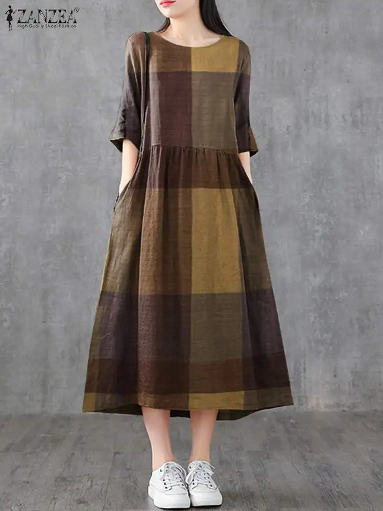 Cotton Linen Plaid Midi Sundress With Pockets O Neck