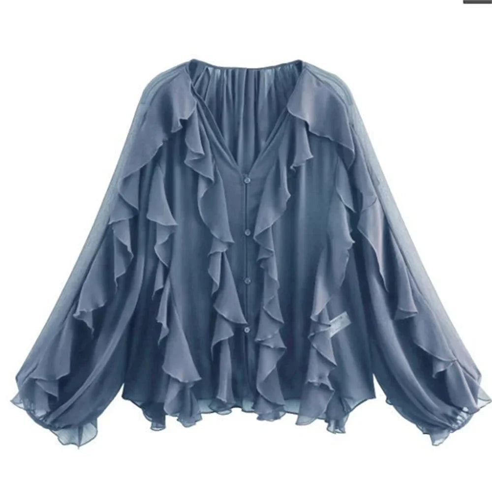 Women's Retro Loose V Neck Layered Casual Shirt Lightweight Temperament Blouse for Spring