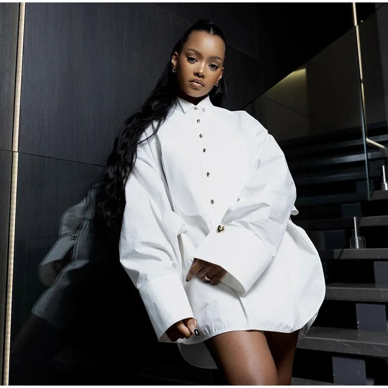 White Chiffon Shirt for Women with Lapel Collar Lantern Sleeves Single Breasted Irregular Hem Loose Fit Blouse Elegant Casual Top