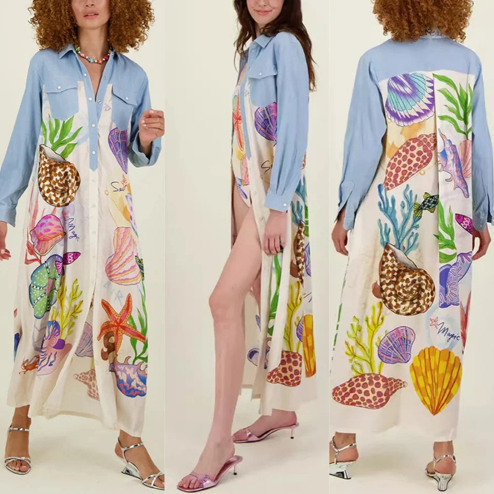 Personality Printed Long Sleeve Single Breasted Shirt with Lapel Collar and Skirt Set for Women