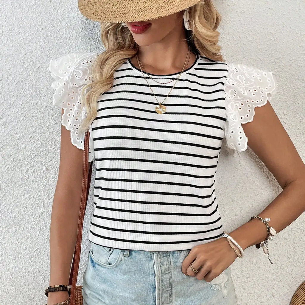 Elegant Women's Casual T-Shirt with Round Neck and Flying Sleeves in Hollow Stripe Design