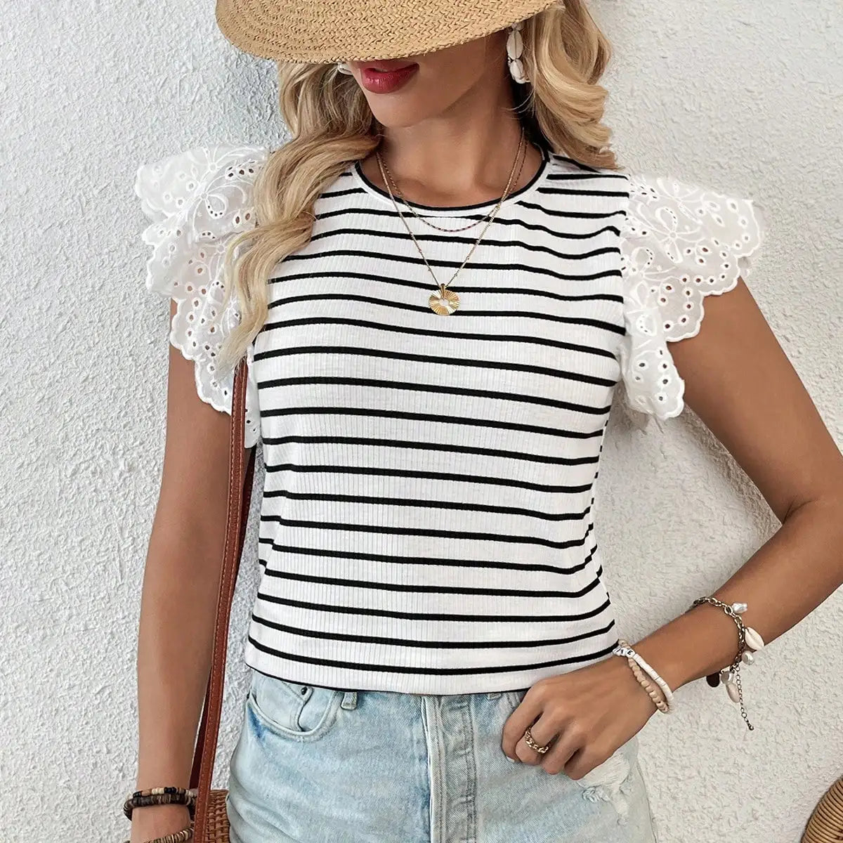 Elegant Women's Casual T-Shirt with Round Neck and Flying Sleeves in Hollow Stripe Design