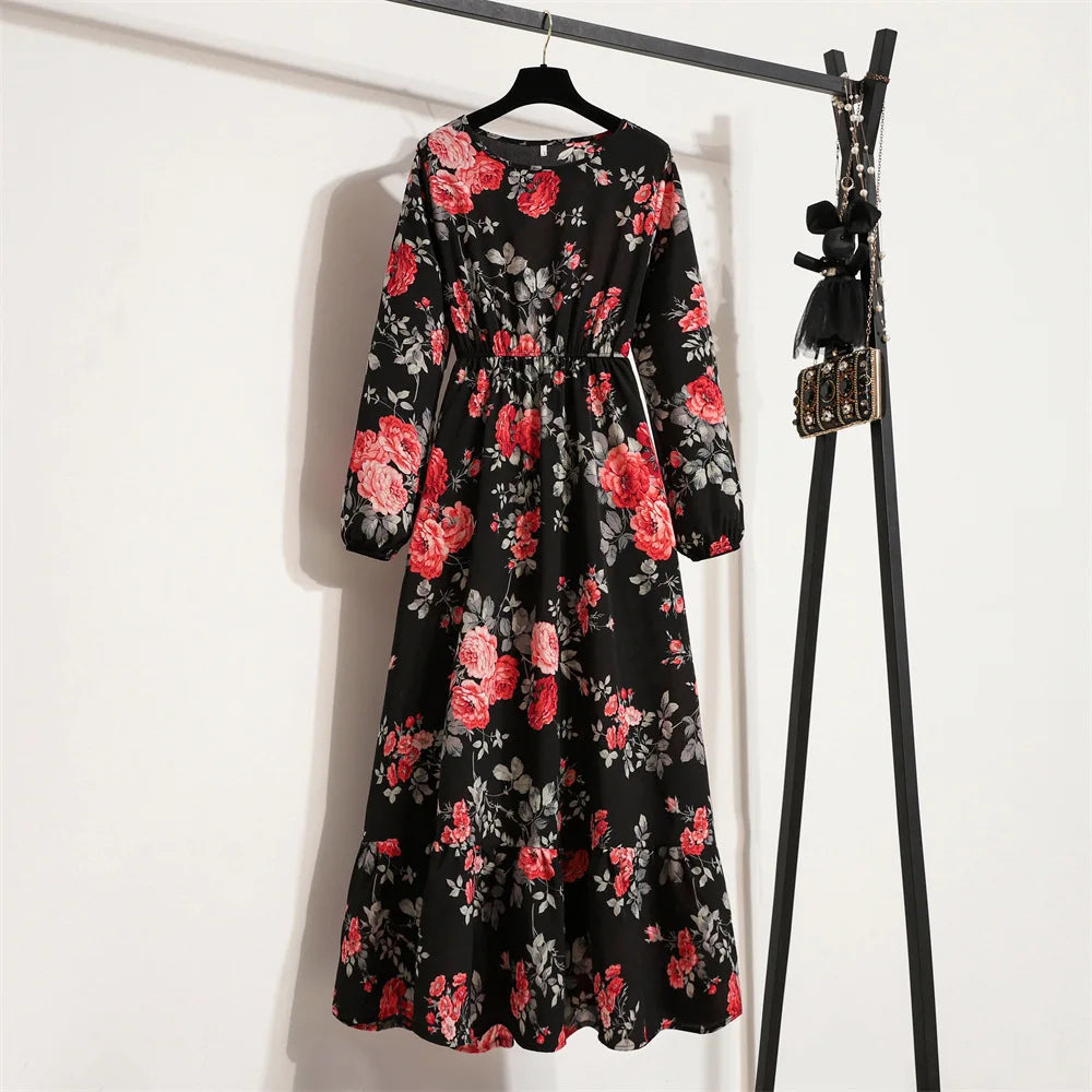 Bohemian Floral Maxi Dress High Waist Chiffon Long Sleeves