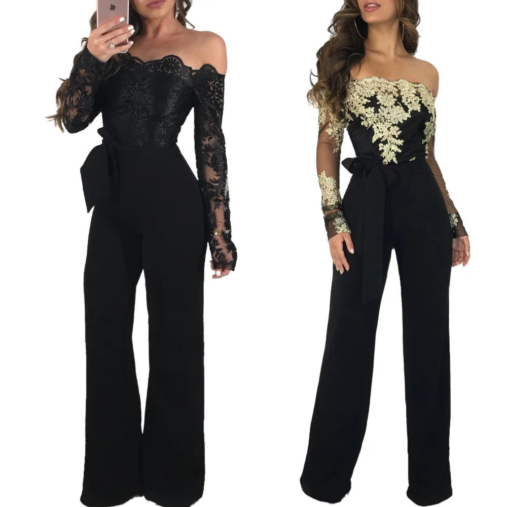 Appliques Lace Patchwork Off Shoulder Jumpsuit for Women with Slash Neck Long Sleeve and Elegant Wide Leg Pants Party Overalls