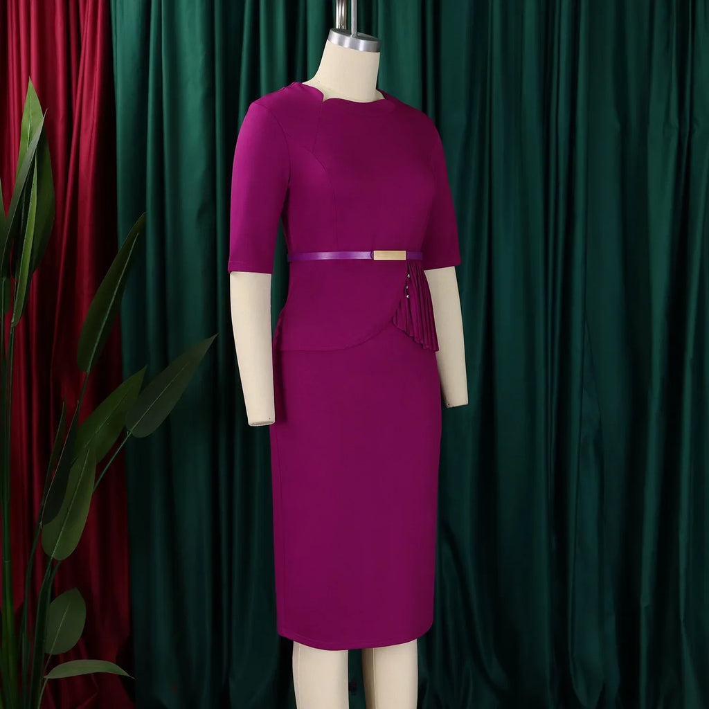 Women Square Neck Bodycon Midi Dress Belted For Work