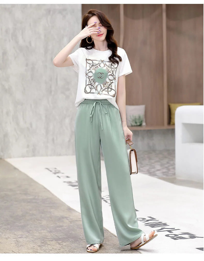 Women's Plus Size Two Piece Suit Set with Short Sleeve Tops and Wide Leg Pants for Casual Summer Fashion