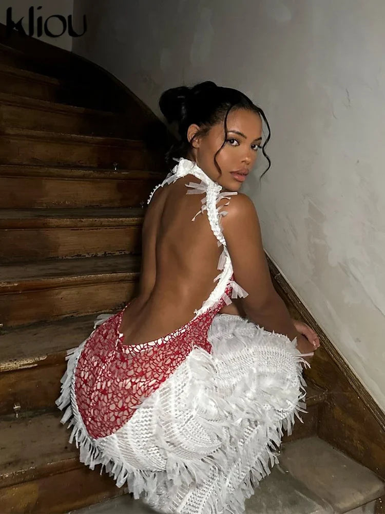 Backless Crochet Maxi Dress With Stand Collar And Pleats