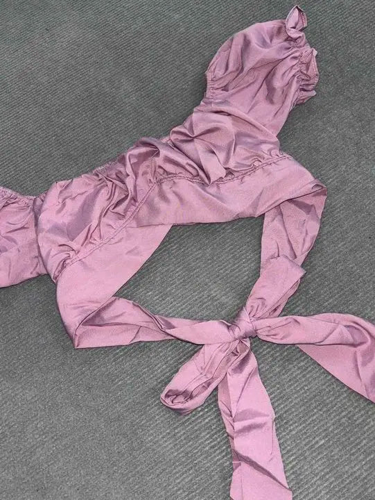 Women's Butterfly Tie One Shoulder Monochromatic Top with Sweet Back Tie and Short Sleeves