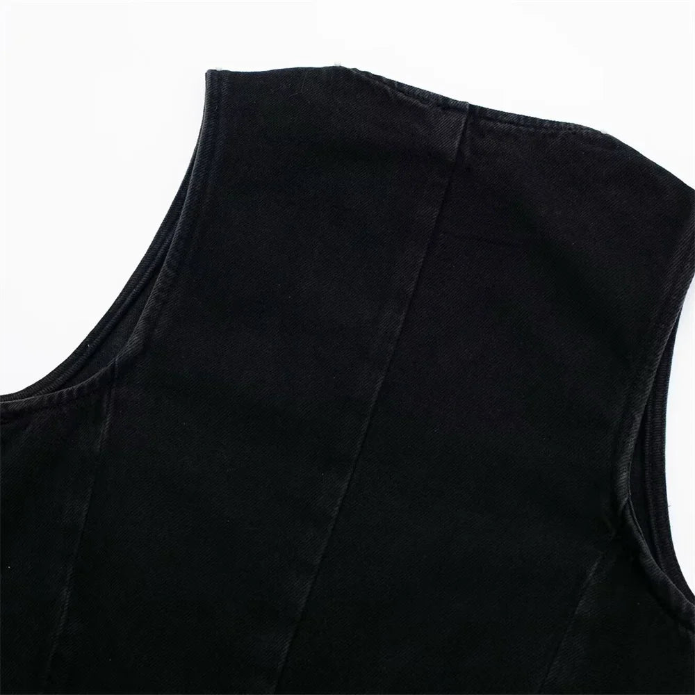 Women's Chic Short Denim Tank Top and Double Breasted Midi Denim Skirt Set Slimming Casual Fashion Ensemble