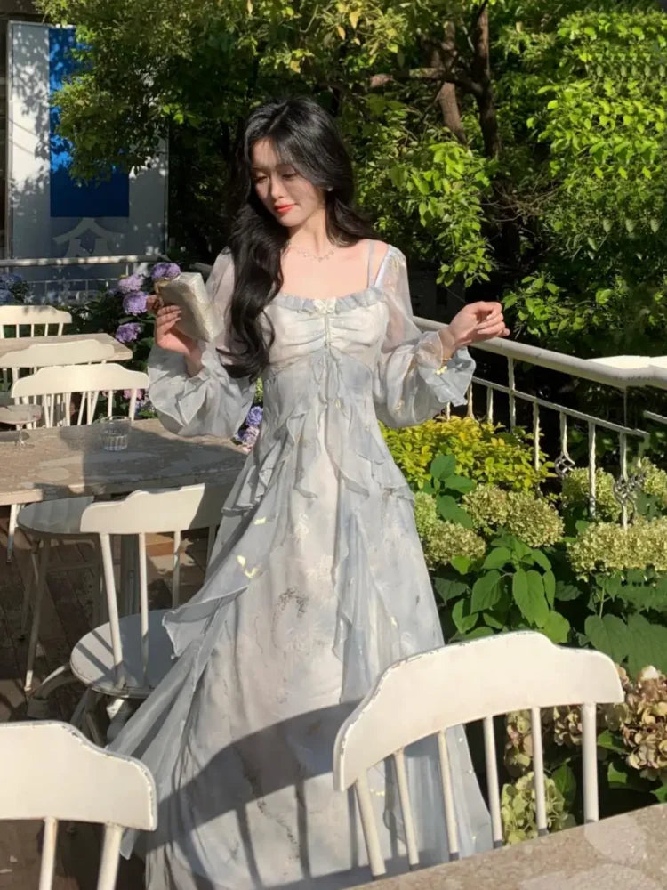 Off Shoulder Dress Ruffle A Line Long French Print