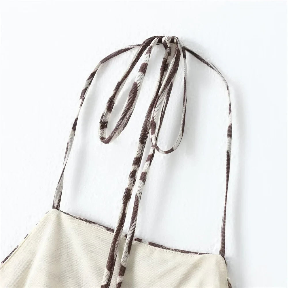 Women's Silk Screen Print Hanging Neck Open Back Top with High Waist Slimming Skirt Set Summer Fashion Two-Piece Outfit