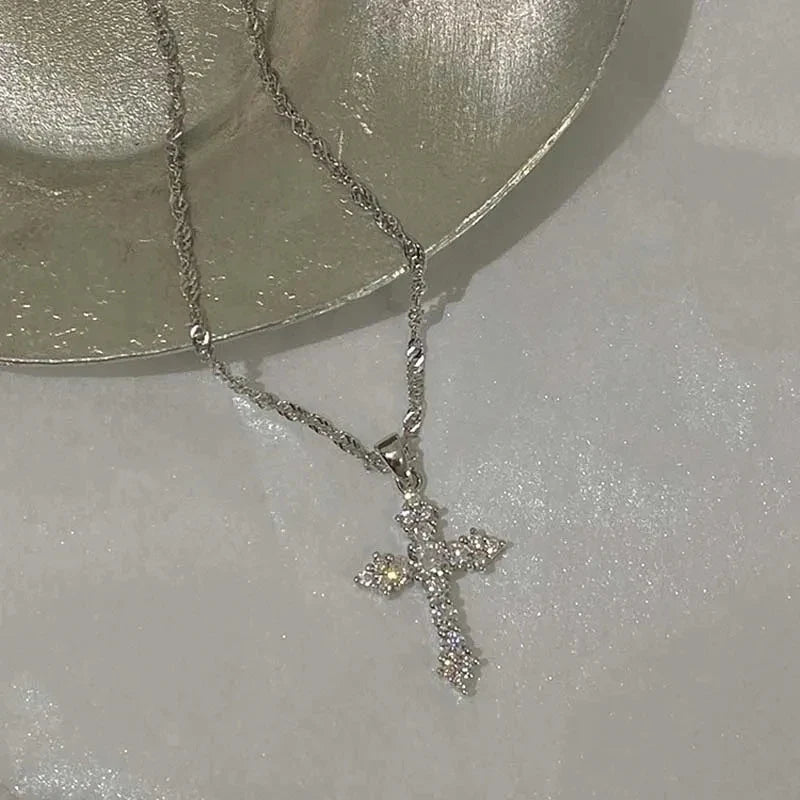 Shiny Crystal Zircon Cross Pendant Necklace for Women with Silver Color Thin Chain Party Jewelry Gift