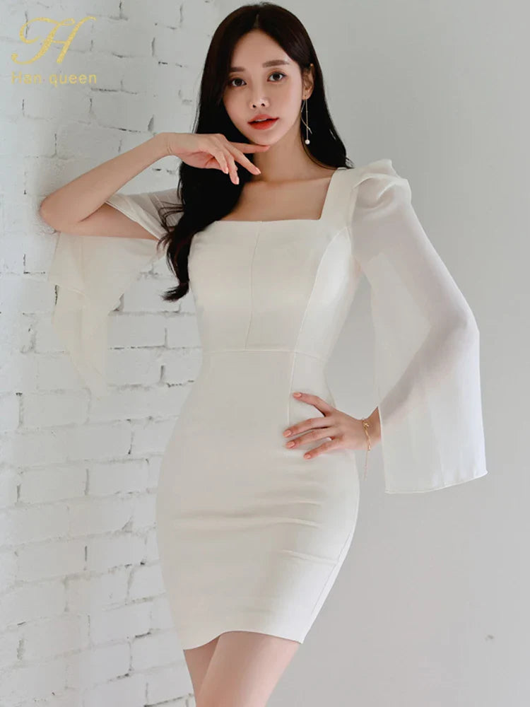 Korean White Sheath Dress With Flare Sleeves For Work