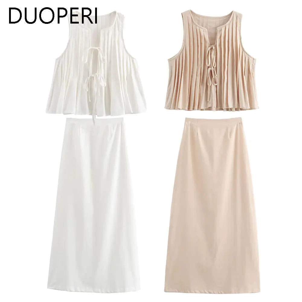 Women's 2-Piece Fashion Set Solid Pleated Vest Top and High Waist Midi Skirt Chic Coordinated Outfit for Elegant Style