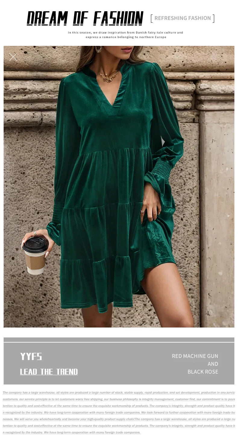 Velvet V Neck Ruffle Dress for Women Autumn Elegance