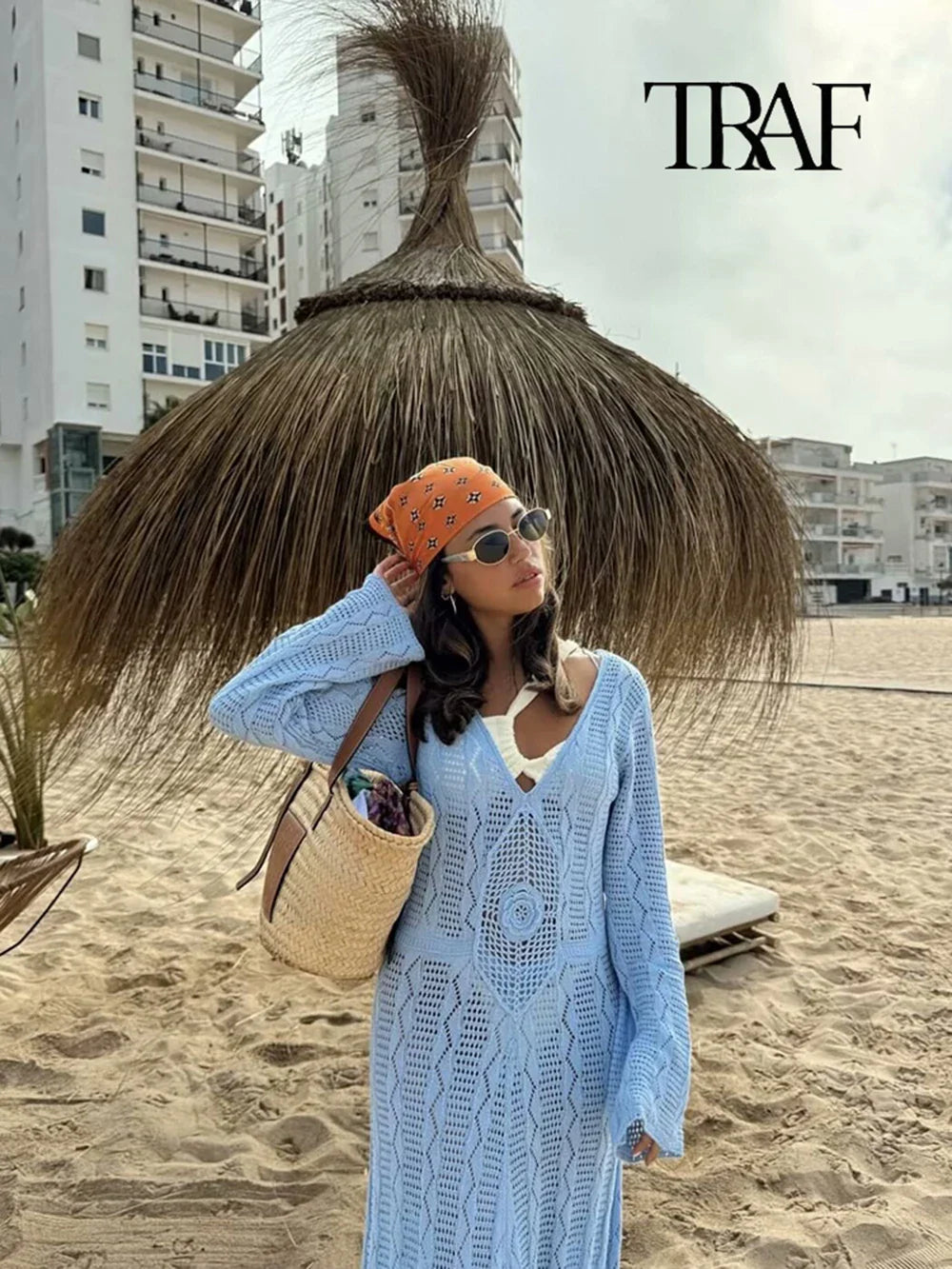 Blue Knit Beach Maxi Dress V Neck Long Sleeve Sheer