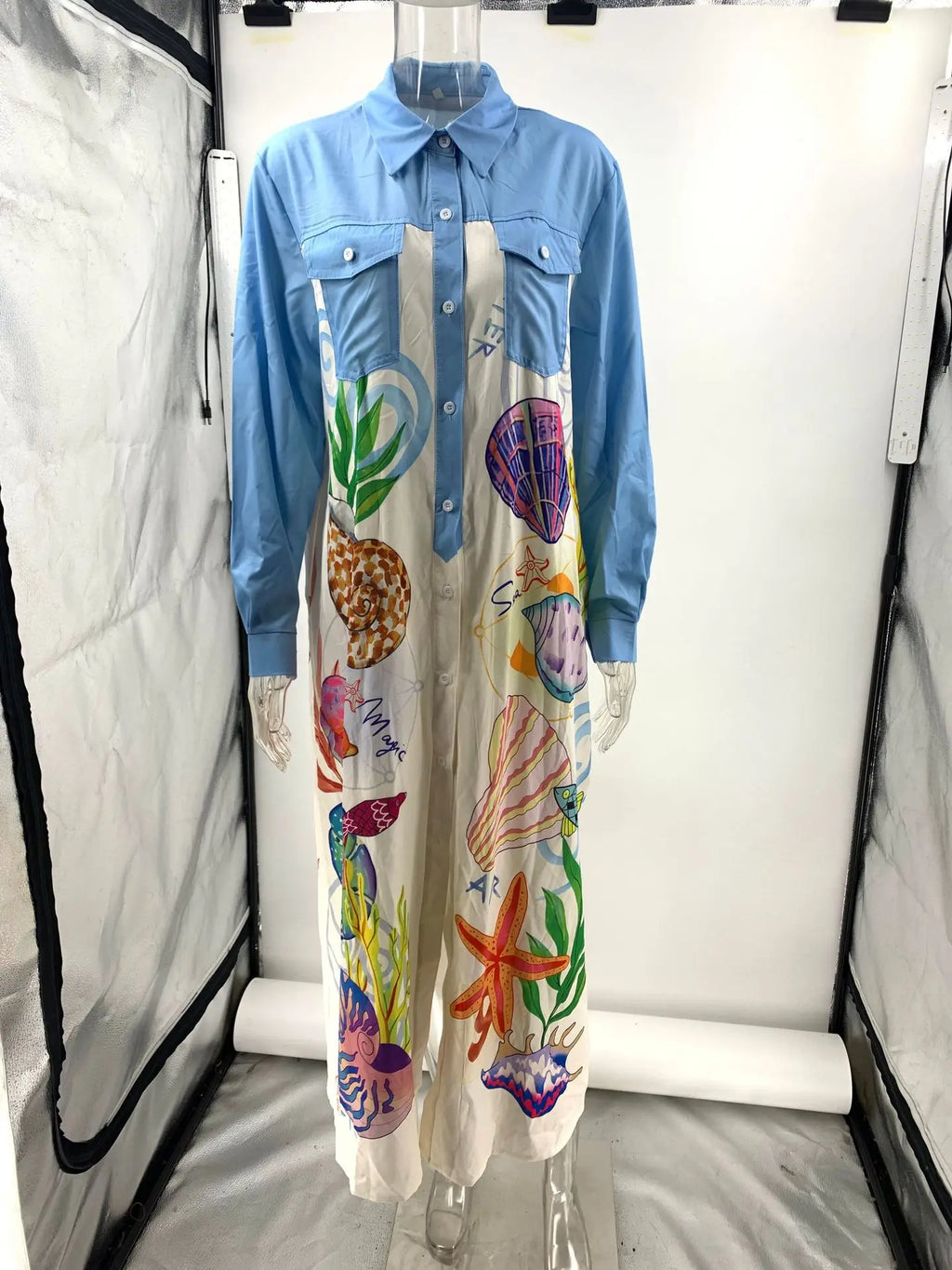 Personality Printed Long Sleeve Single Breasted Shirt with Lapel Collar and Skirt Set for Women