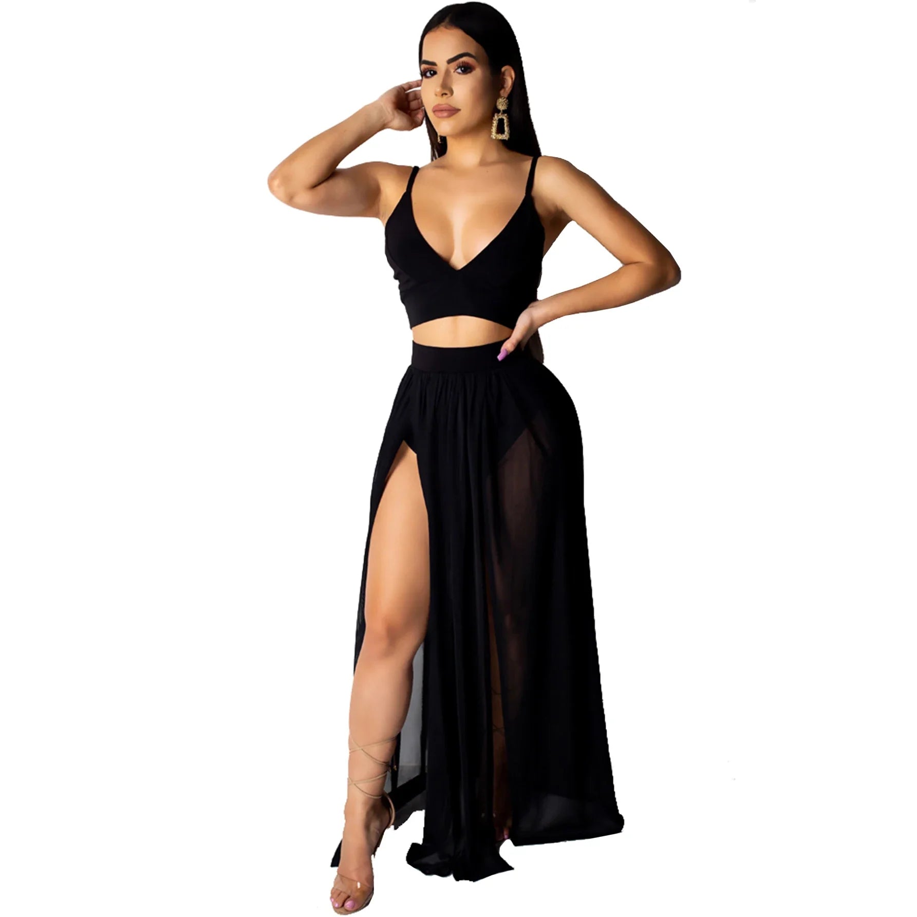Sexy Two Piece Dress Set With Chiffon Straps V Neck
